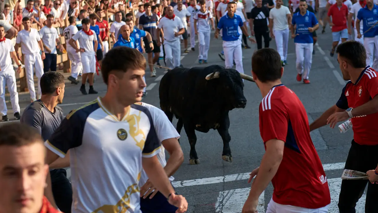 Primer encierro de las fiestas de Tafalla 2025 con toros de la ganadería Conde de la Corte. IRANZUU LARRASOAÑA