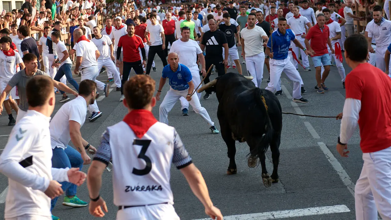 Primer encierro de las fiestas de Tafalla 2025 con toros de la ganadería Conde de la Corte. IRANZUU LARRASOAÑA