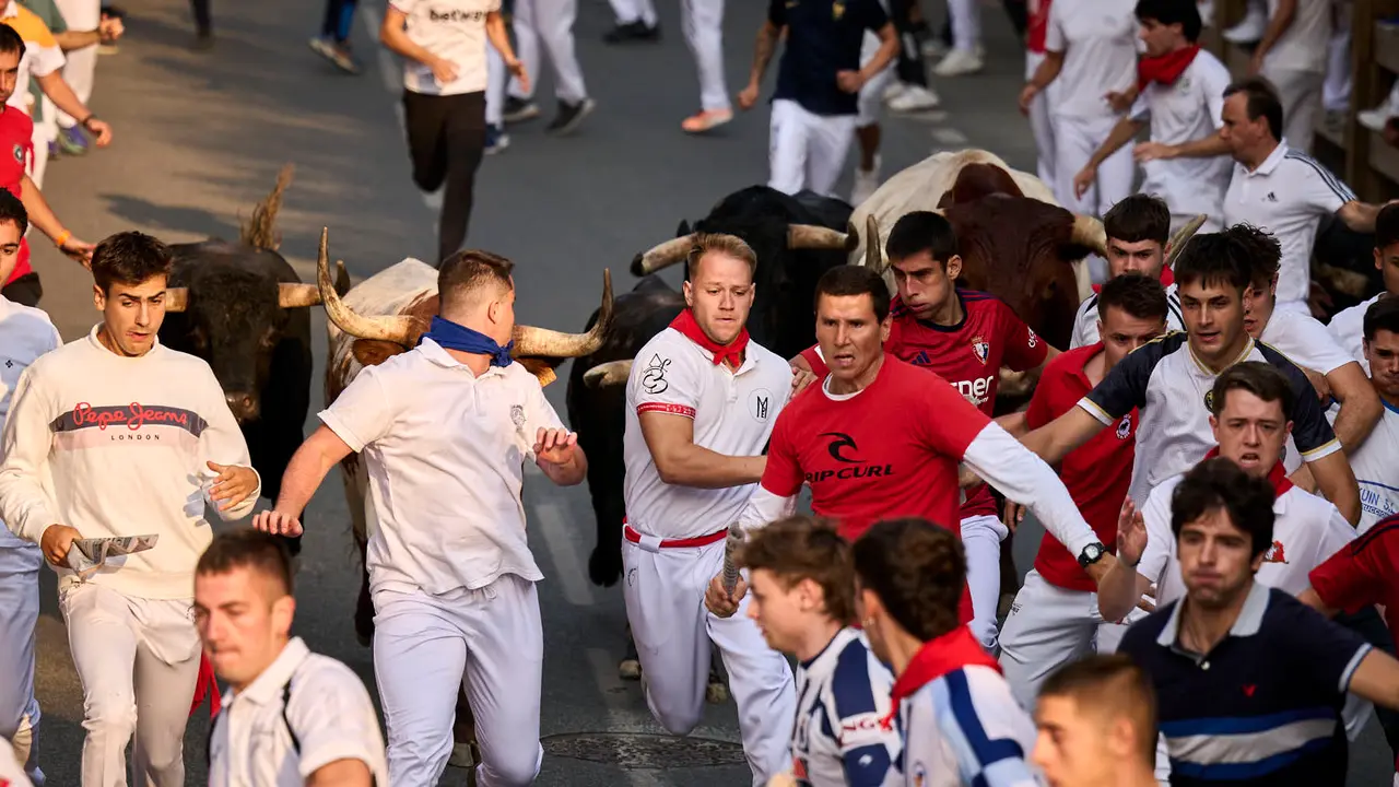 Segundo encierro de las fiestas de Tafalla 2025 con toros de la ganadería de Palha. PABLO LASAOSA