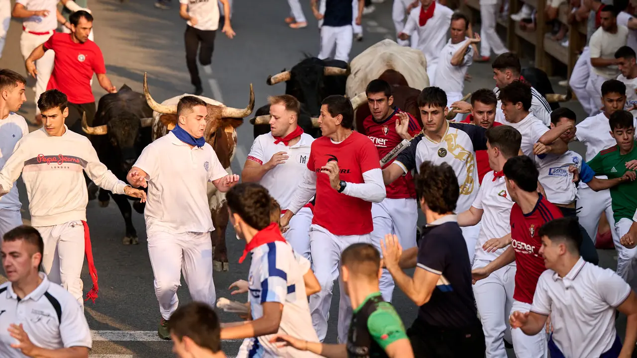 Segundo encierro de las fiestas de Tafalla 2025 con toros de la ganadería de Palha. PABLO LASAOSA