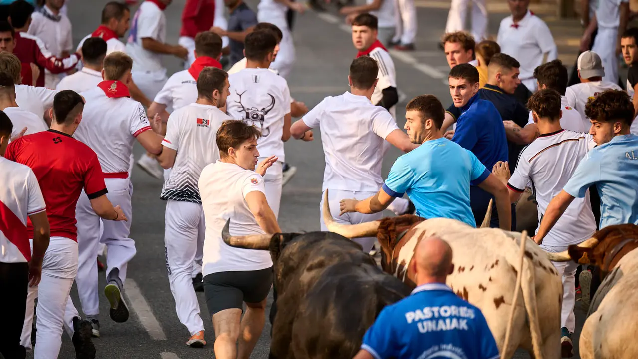 Segundo encierro de las fiestas de Tafalla 2025 con toros de la ganadería de Palha. PABLO LASAOSA