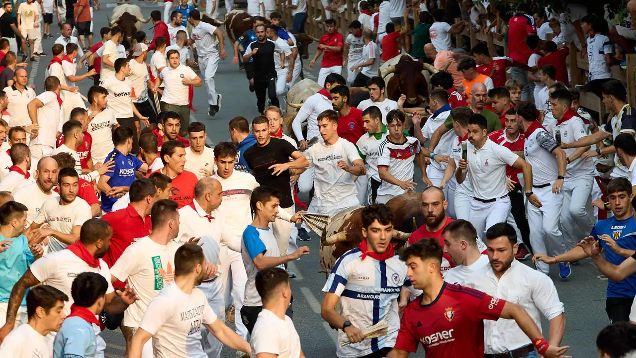 Tercer encierro de las fiestas de Tafalla 2025 con toros de la ganadería de Sobral. IÑIGO ALZUGARAY