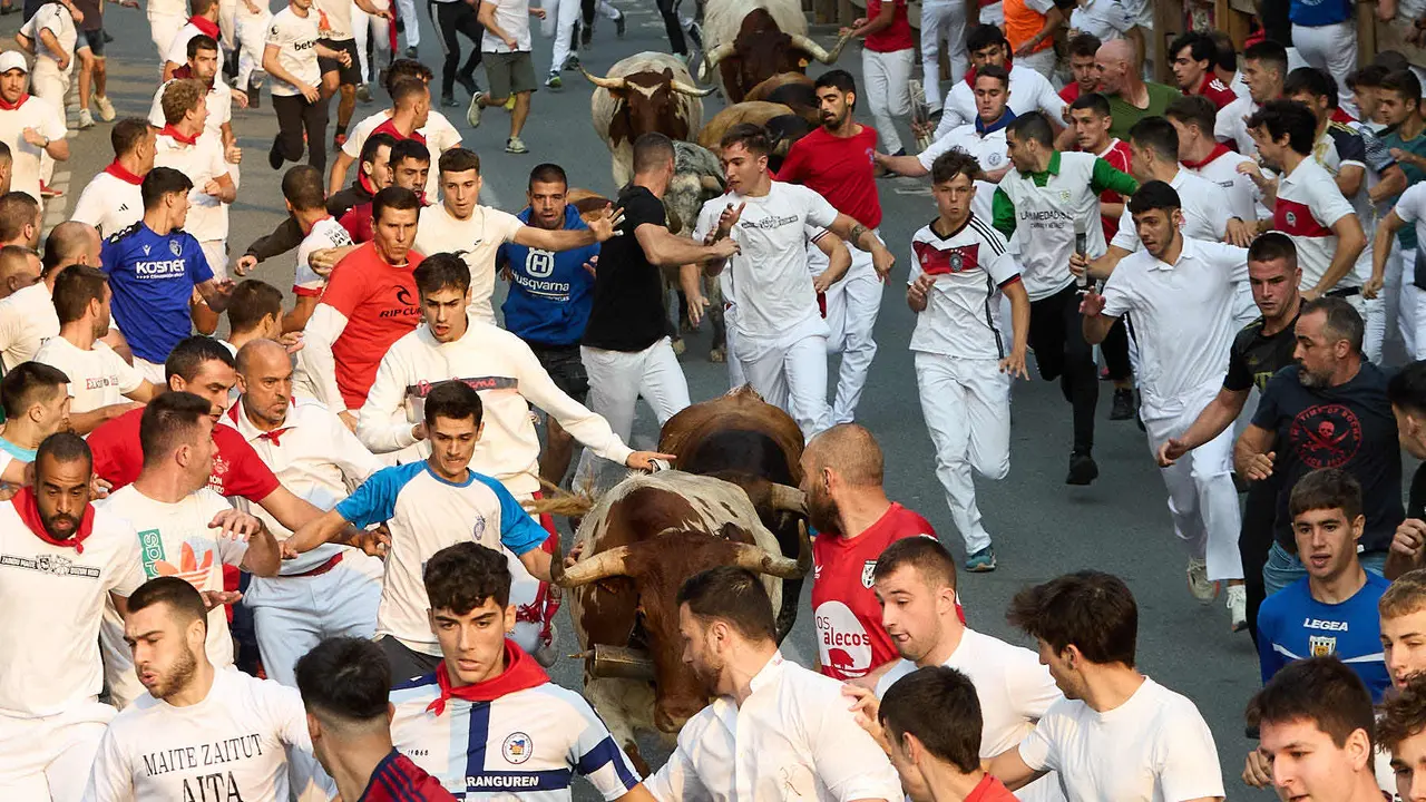 Tercer encierro de las fiestas de Tafalla 2025 con toros de la ganadería de Sobral. IÑIGO ALZUGARAY