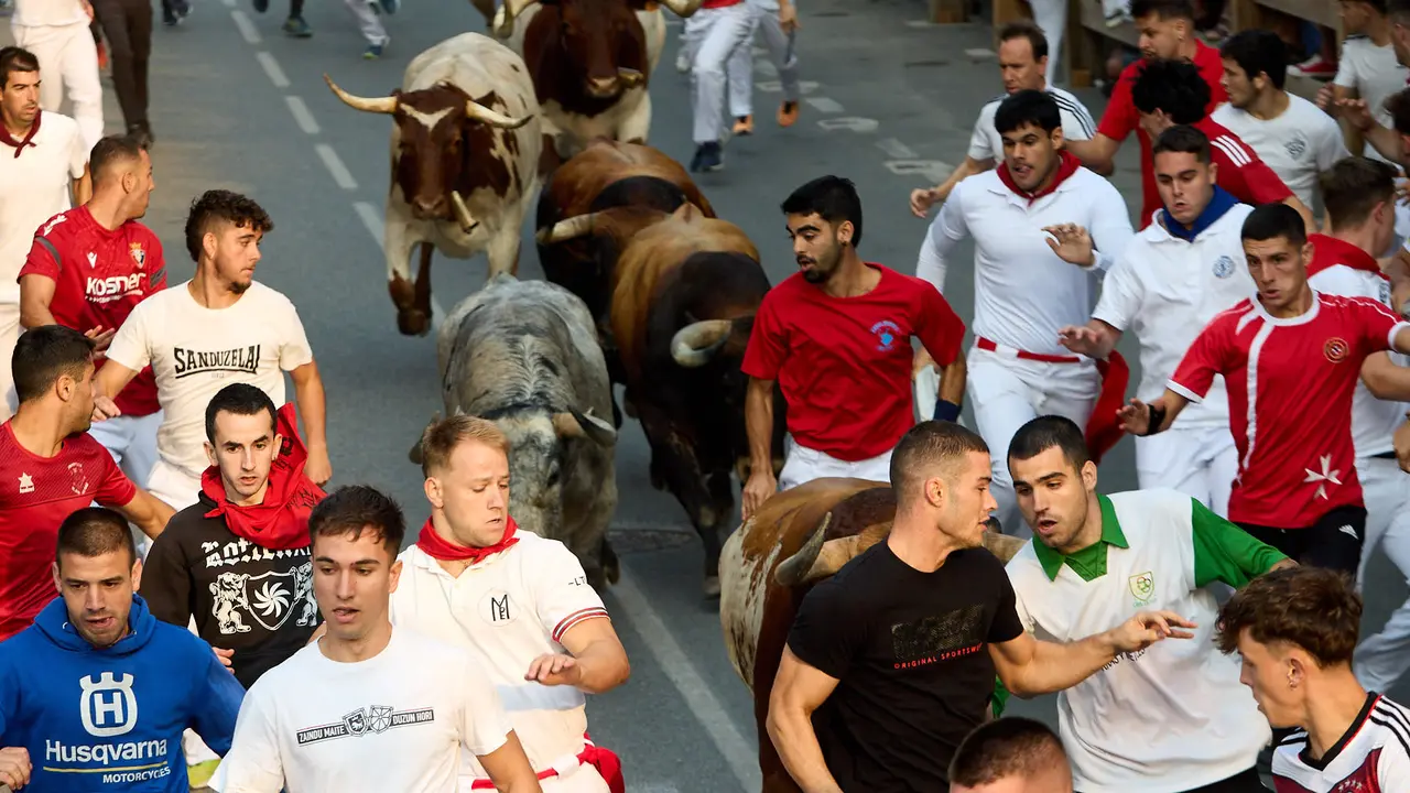 Tercer encierro de las fiestas de Tafalla 2025 con toros de la ganadería de Sobral. IÑIGO ALZUGARAY