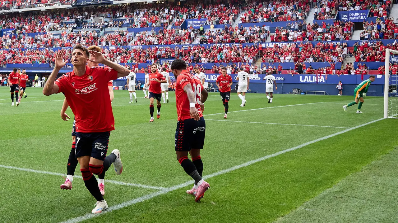 Los jugadores de Osasuna celebran el gol de Ante Budimir (1-0) durante el partido de La Liga EA Sports entre CA Osasuna y Valencia CF disputado en el estadio de El Sadar en Pamplona. IÑIGO ALZUGARAY
