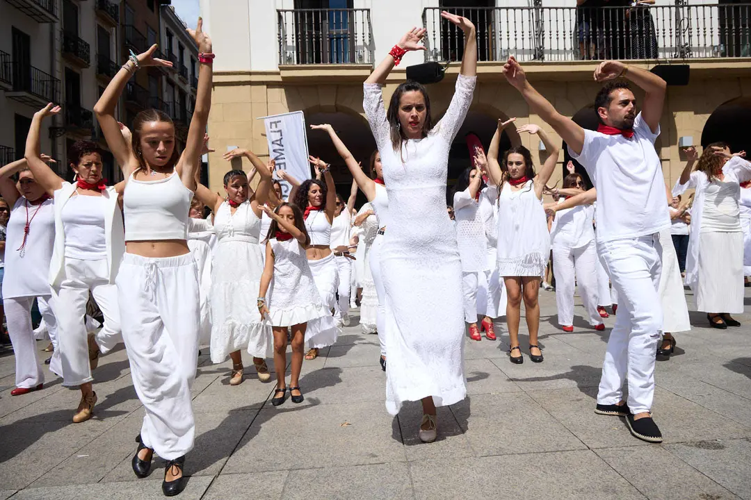 Flashmob en la Plaza del Castillo de Pamplona organizado por la Escuela de Baile Sandra Gallardo y el Centro de Arte Flamenco El Juncal durante de la XII edición del festival Flamenco On Fire. IÑIGO ALZUGARAY