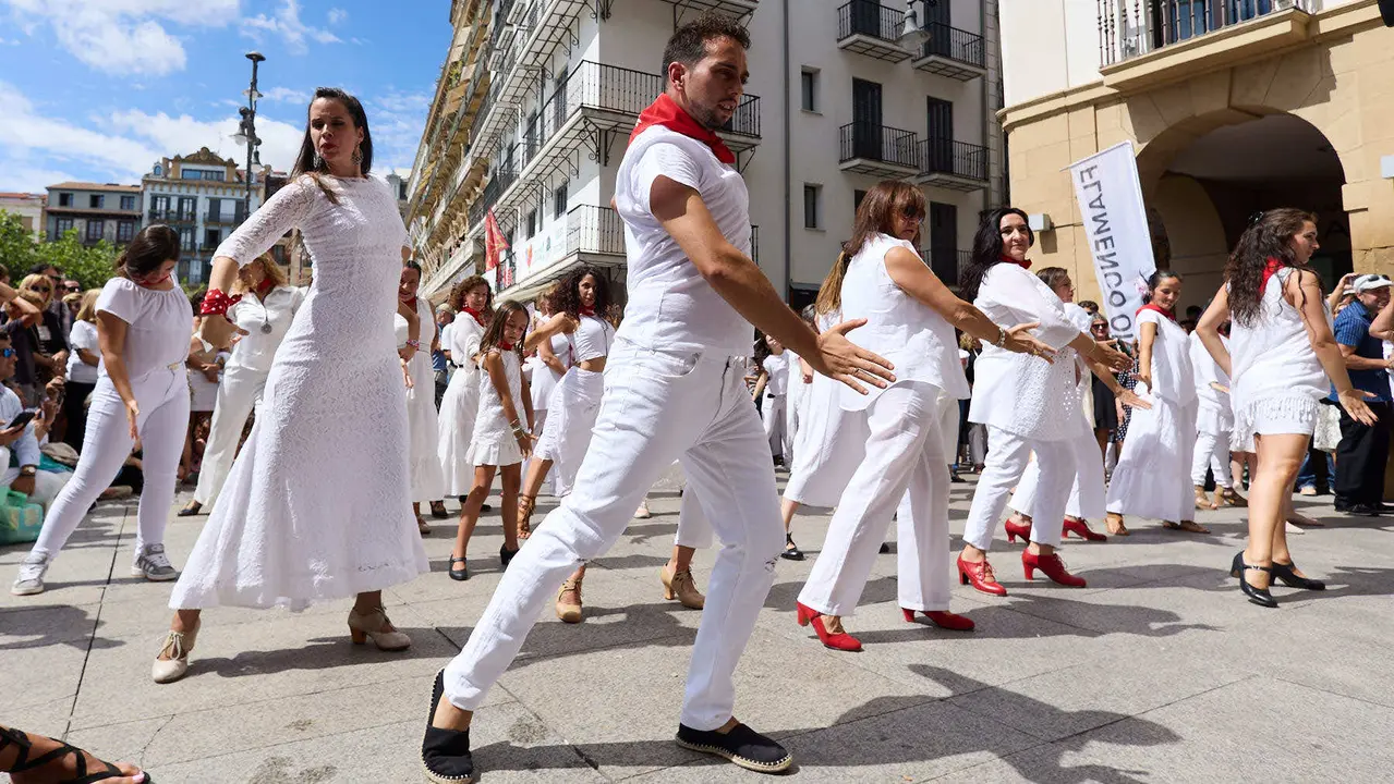 Flashmob en la Plaza del Castillo de Pamplona organizado por la Escuela de Baile Sandra Gallardo y el Centro de Arte Flamenco El Juncal durante de la XII edición del festival Flamenco On Fire. IÑIGO ALZUGARAY