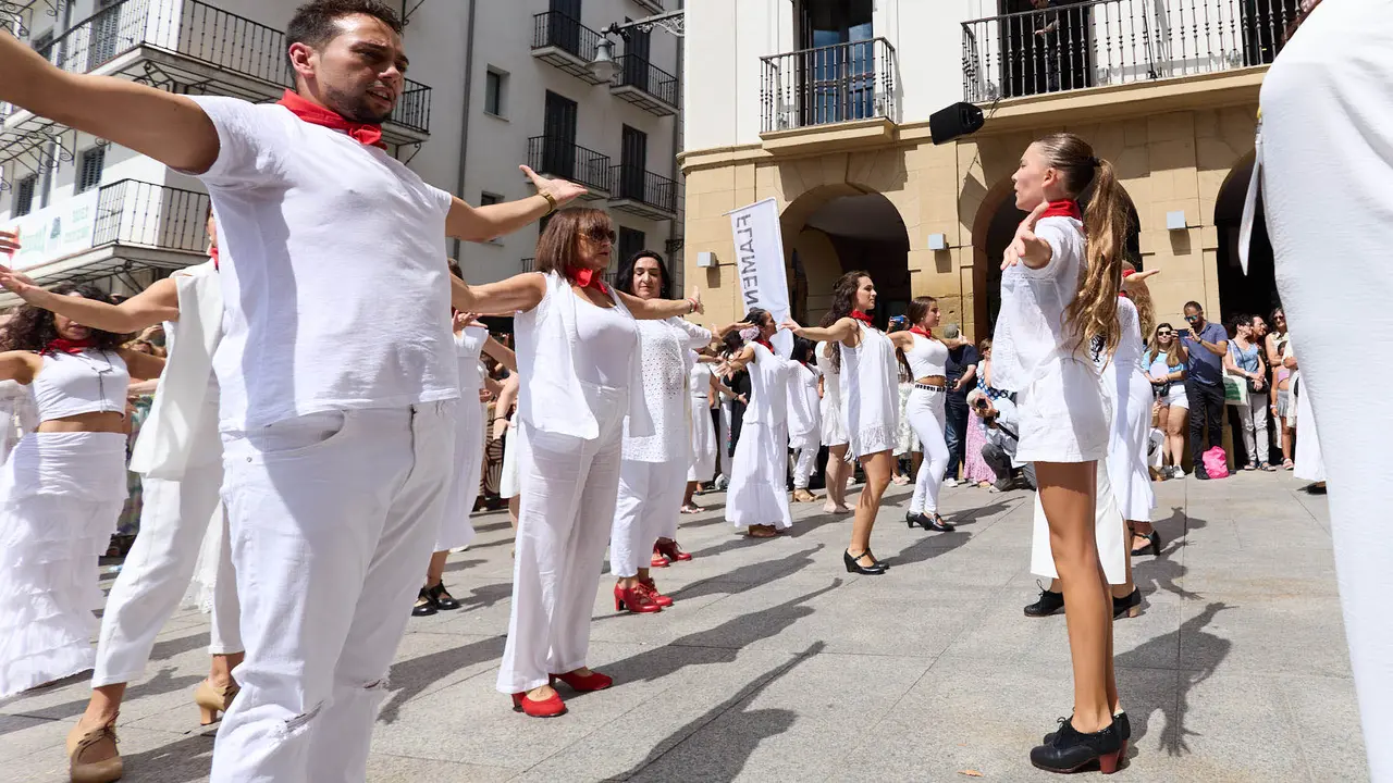 Flashmob en la Plaza del Castillo de Pamplona organizado por la Escuela de Baile Sandra Gallardo y el Centro de Arte Flamenco El Juncal durante de la XII edición del festival Flamenco On Fire. IÑIGO ALZUGARAY