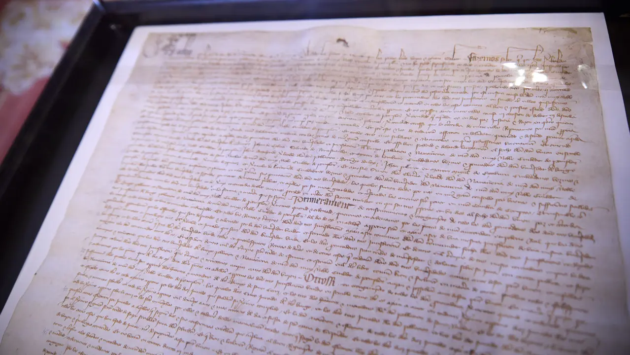 El alcalde de Pamplona, Joseba Asiron, guía la primera de las visitas guiadas que el Ayuntamiento organiza con motivo de la celebración del aniversario del Privilegio de la Unión. IÑIGO ALZUGARAY
