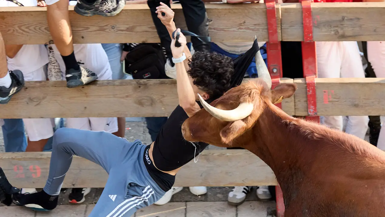 Suelta de vaquillas de la ganadería de Hermanos Ganuza en el casco antiguo durante las fiestas de Zizur Mayor 2025. IÑIGO ALZUGARAY