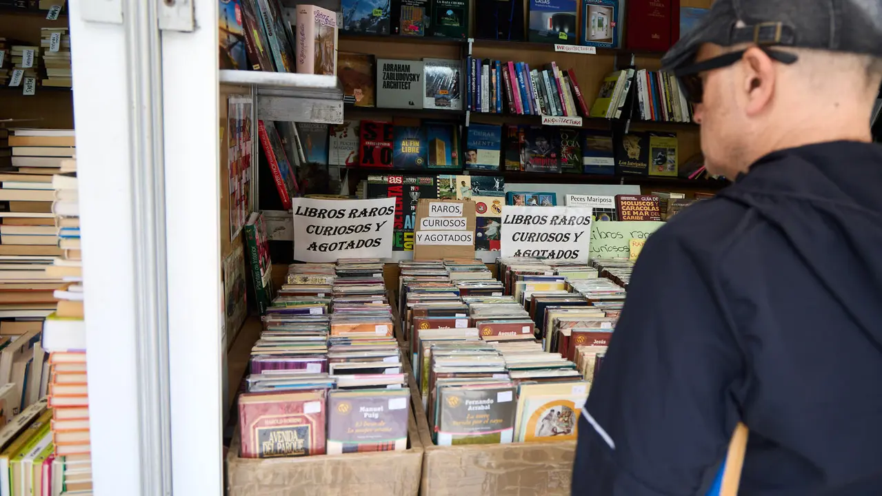 Feria del libro Antiguo y de Ocasión en la plaza del Castillo de Pamplona. IÑIGO ALZUGARAY