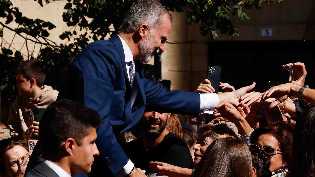 King Felipe greets people at the headquarters of Navarra's regional Government in Pamplona, Navarra, Spain on the first official visit of his daughter Princess Leonor as Crown Princess to the region of Navarra. With this visit, Crown Princess of Spain Leonor, who has the title of Princess of Viana, a town in Navarra, vouches this title that was created 602 years ago. EFE/ Villar Lopez