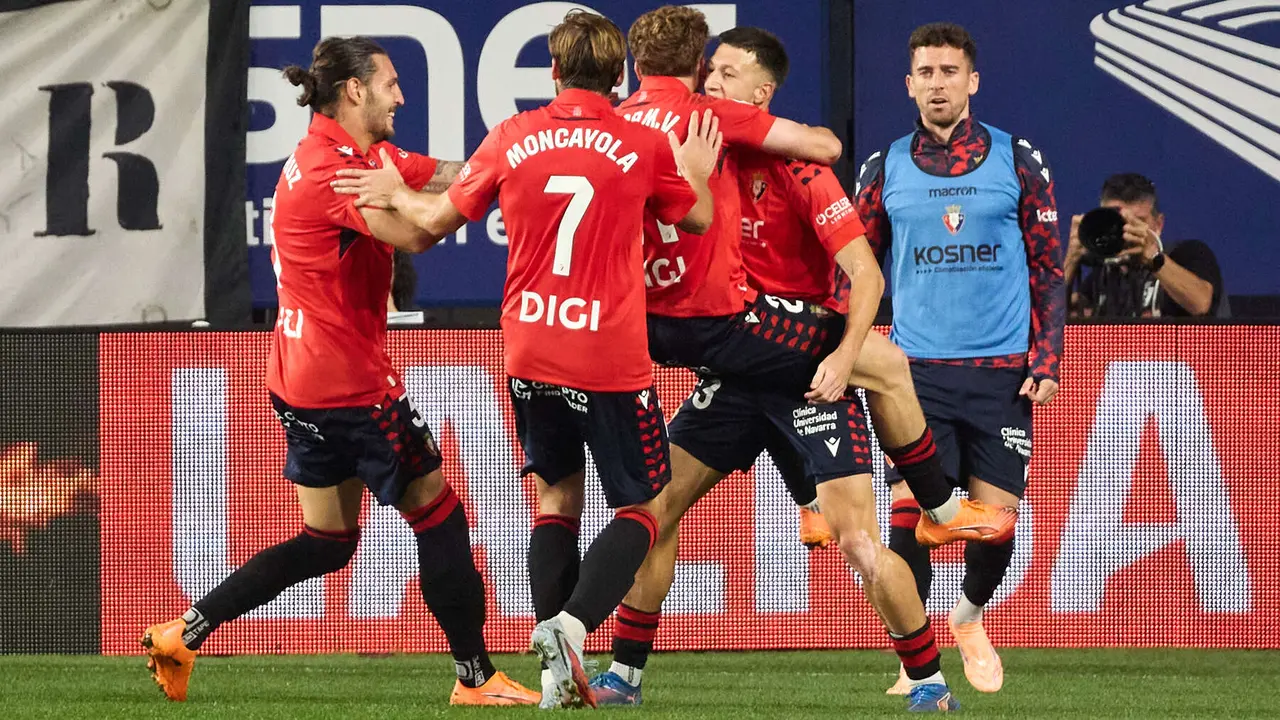 Los jugadores de Osasuna celebran el gol de Abel Bretones (1-1) durante el partido de La Liga EA Sports entre CA Osasuna y Getafe CF disputado en el estadio de El Sadar en Pamplona. IÑIGO ALZUGARAY