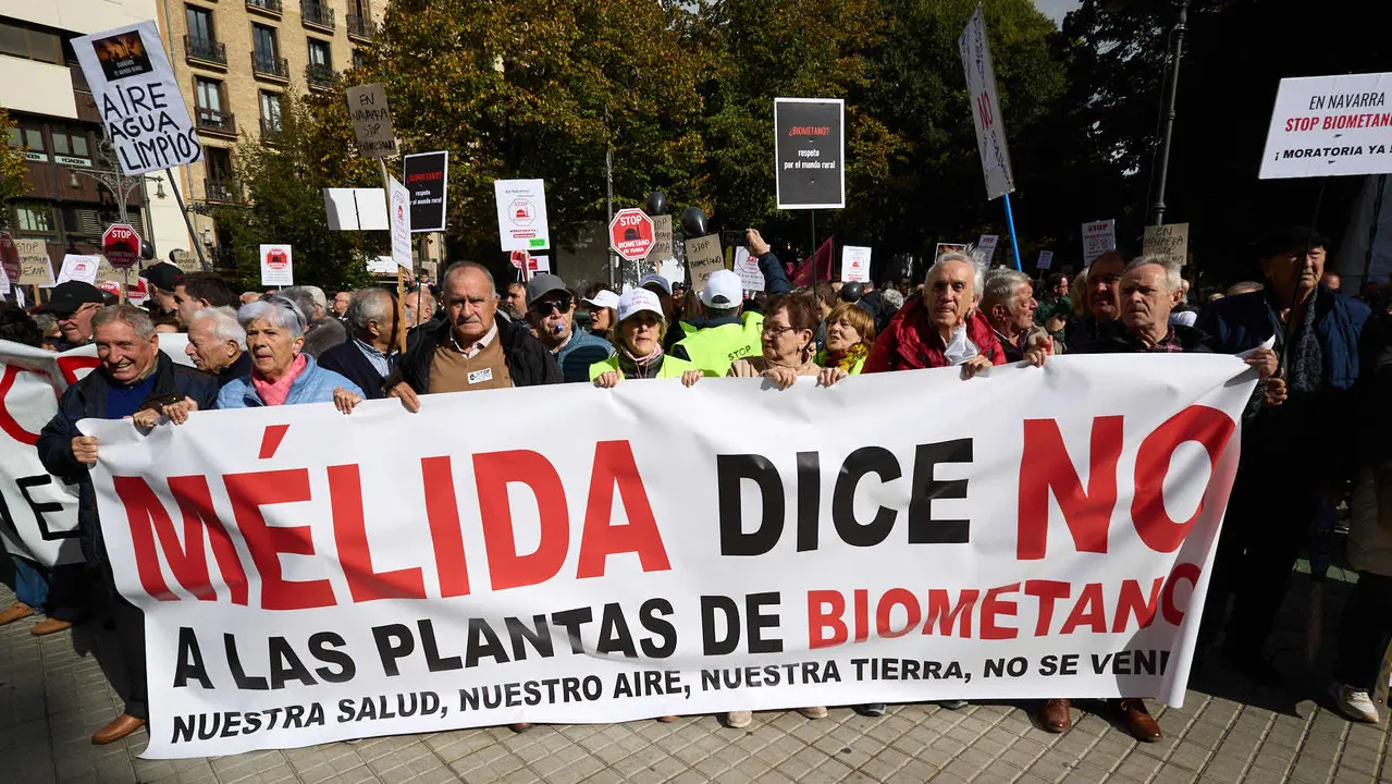Plataformas populares de Navarra se movilizan en Pamplona contra las plantas de biometano. IÑIGO ALZUGARAY