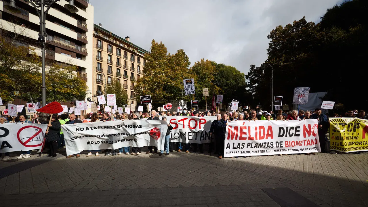 Plataformas populares de Navarra se movilizan en Pamplona contra las plantas de biometano. IÑIGO ALZUGARAY
