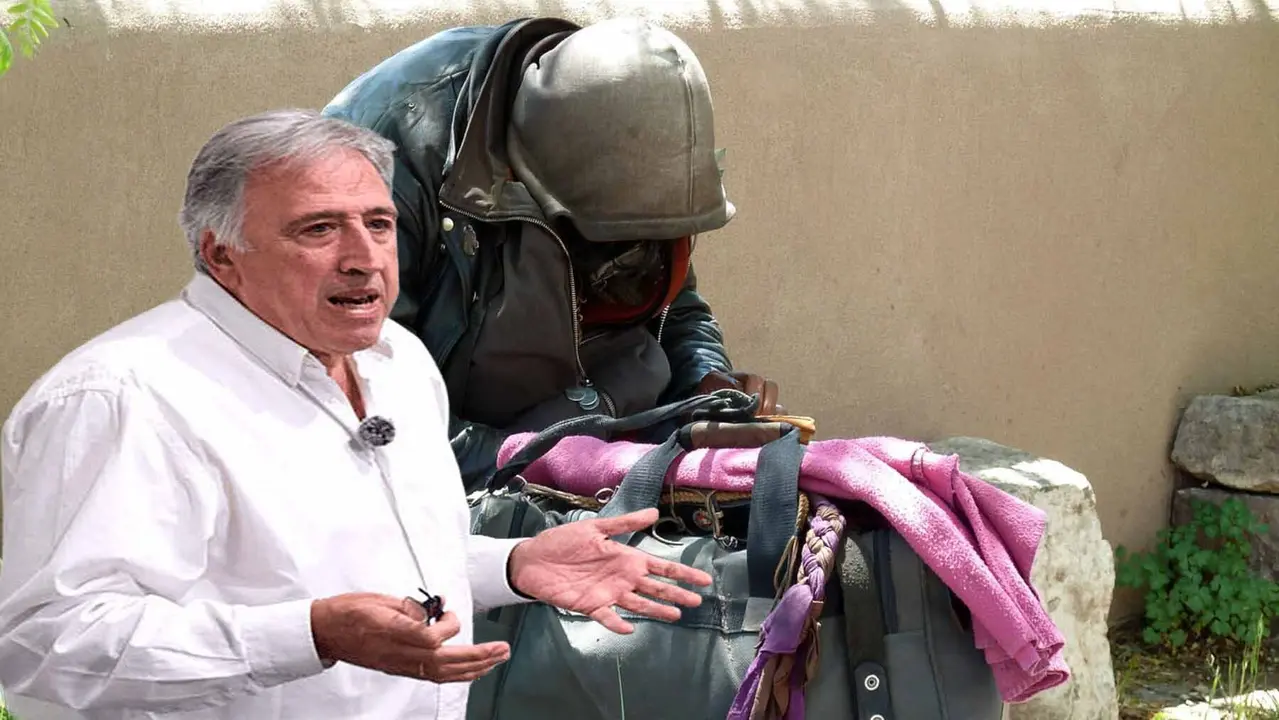 Fotomontaje con una imagen del alcalde de Pamplona, Joseba Asiron, sobre una imagen de una persona sin hogar. NAVARRA.COM