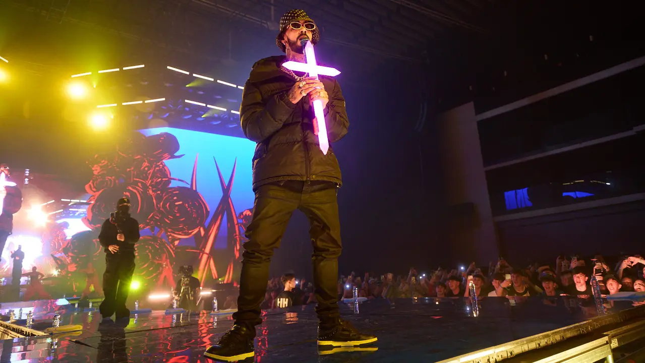 Concierto del cantante y compositor puertorriqueño de reguetón y trap latino Anuel AA en el pabellón Navarra Arena de Pamplona dentro de su gira Europe Tour 2025. IÑIGO ALZUGARAY