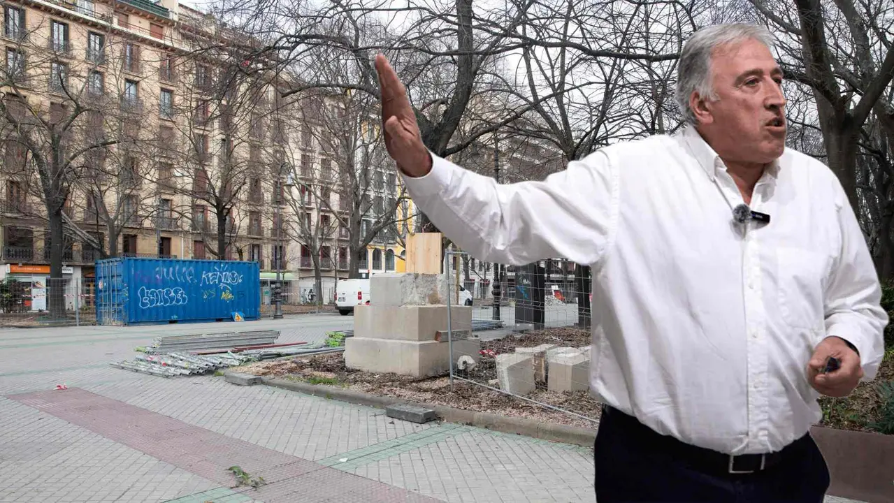 Fotomontaje con una imagen de Joseba Asiron sobre una fotograf&iacute;a de las obras en el paseo de Sarasate. NAVARRA.COM