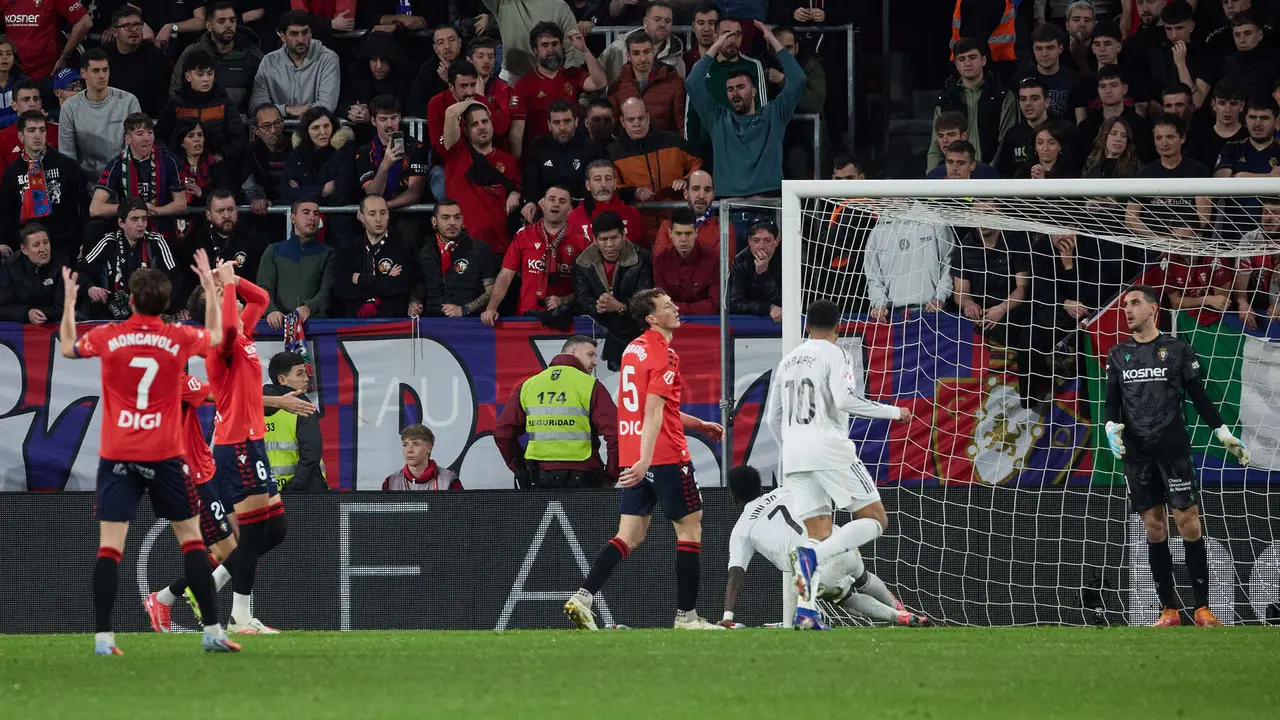 Los jugadores del Real Madrid CF celebran el gol de Vin&iacute;cius J&uacute;nior (1-1) durante el partido de La Liga EA Sports entre CA Osasuna y Real Madrid CF disputado en el estadio de El Sadar en Pamplona. I&Ntilde;IGO ALZUGARAY