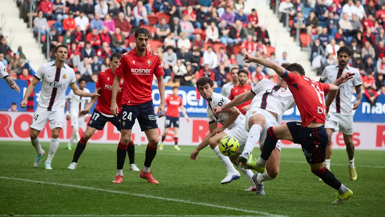 Los jugadores de Osasuna celebran el gol de Leo Rom&aacute;n (1-2) durante el partido de La Liga EA Sports entre CA Osasuna y RCD Mallorca disputado en el estadio de El Sadar en Pamplona. I&Ntilde;IGO ALZUGARAY