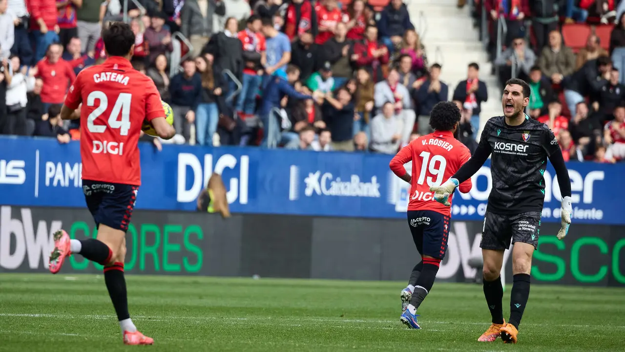 Los jugadores de Osasuna celebran el gol de Leo Rom&aacute;n (1-2) durante el partido de La Liga EA Sports entre CA Osasuna y RCD Mallorca disputado en el estadio de El Sadar en Pamplona. I&Ntilde;IGO ALZUGARAY