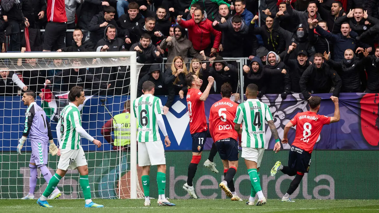 Los jugadores de Osasuna celebran el gol de Ante Budimir (1-1) durante el partido de La Liga EA Sports entre CA Osasuna y Real Betis disputado en el estadio de El Sadar en Pamplona. I&Ntilde;IGO ALZUGARAY