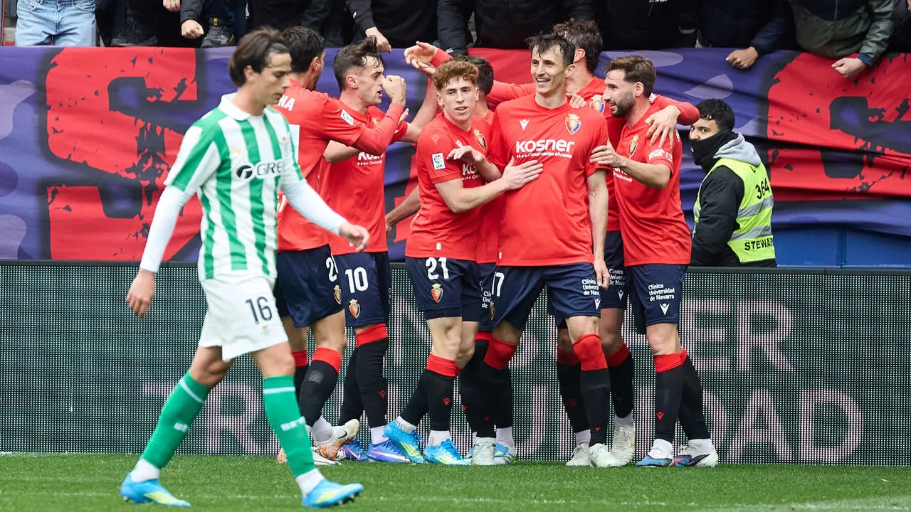 Los jugadores de Osasuna celebran el gol de Ante Budimir (1-1) durante el partido de La Liga EA Sports entre CA Osasuna y Real Betis disputado en el estadio de El Sadar en Pamplona. I&Ntilde;IGO ALZUGARAY