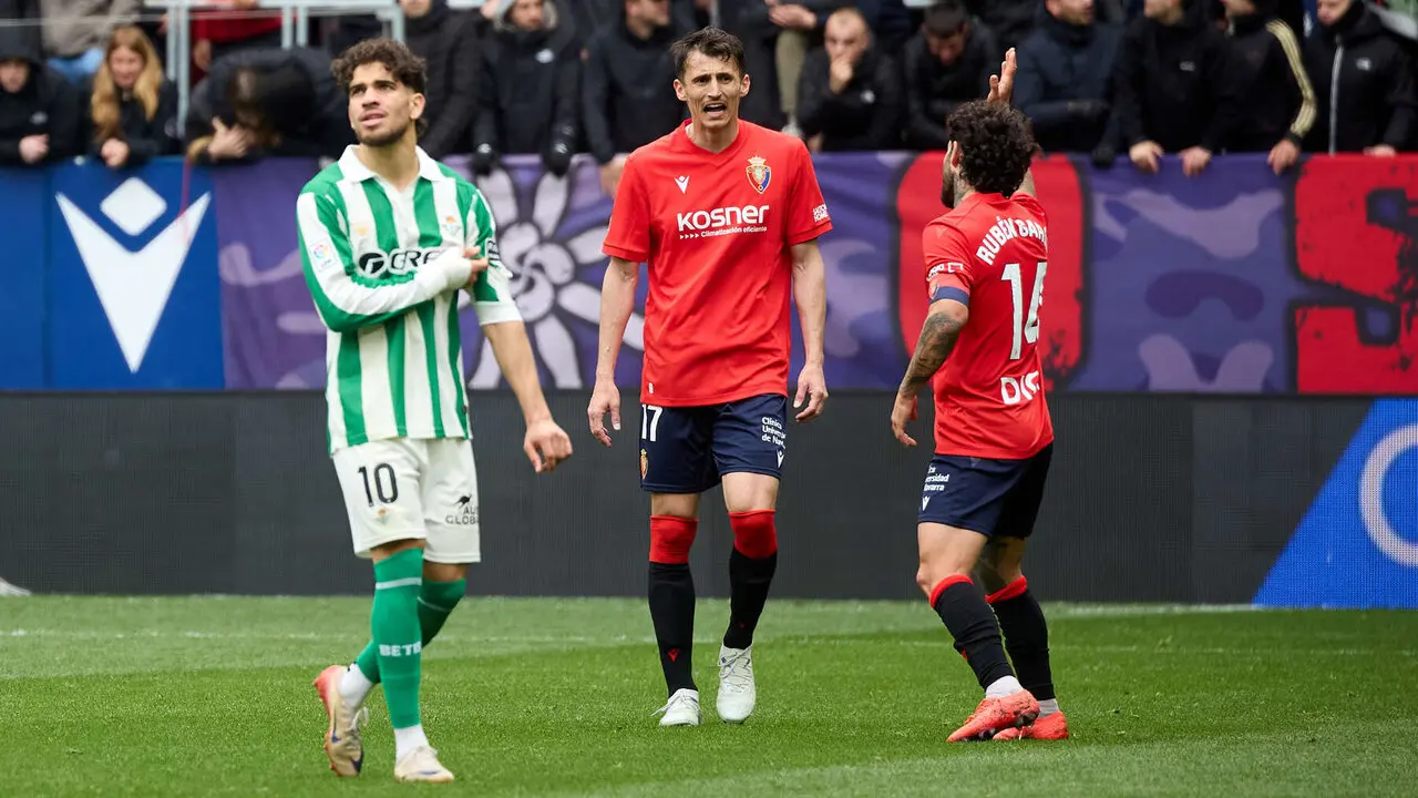 Los jugadores de Osasuna celebran el gol de Ante Budimir (1-1) durante el partido de La Liga EA Sports entre CA Osasuna y Real Betis disputado en el estadio de El Sadar en Pamplona. I&Ntilde;IGO ALZUGARAY