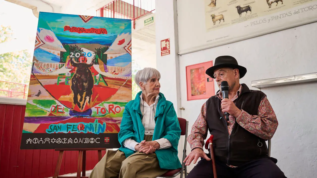 Una obra del pintor Carlos Franco anuncia la Feria del Toro de los Sanfermines de 2026. PABLO LASAOSA