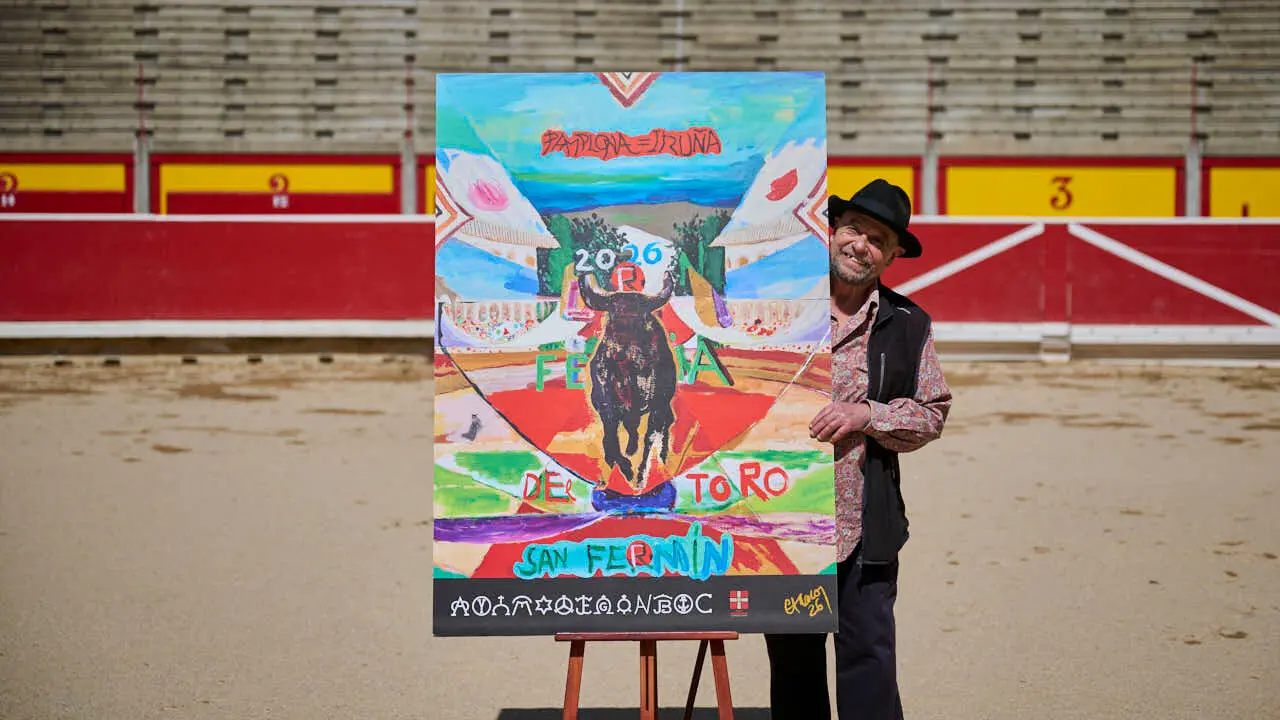 Una obra del pintor Carlos Franco anuncia la Feria del Toro de los Sanfermines de 2026. PABLO LASAOSA