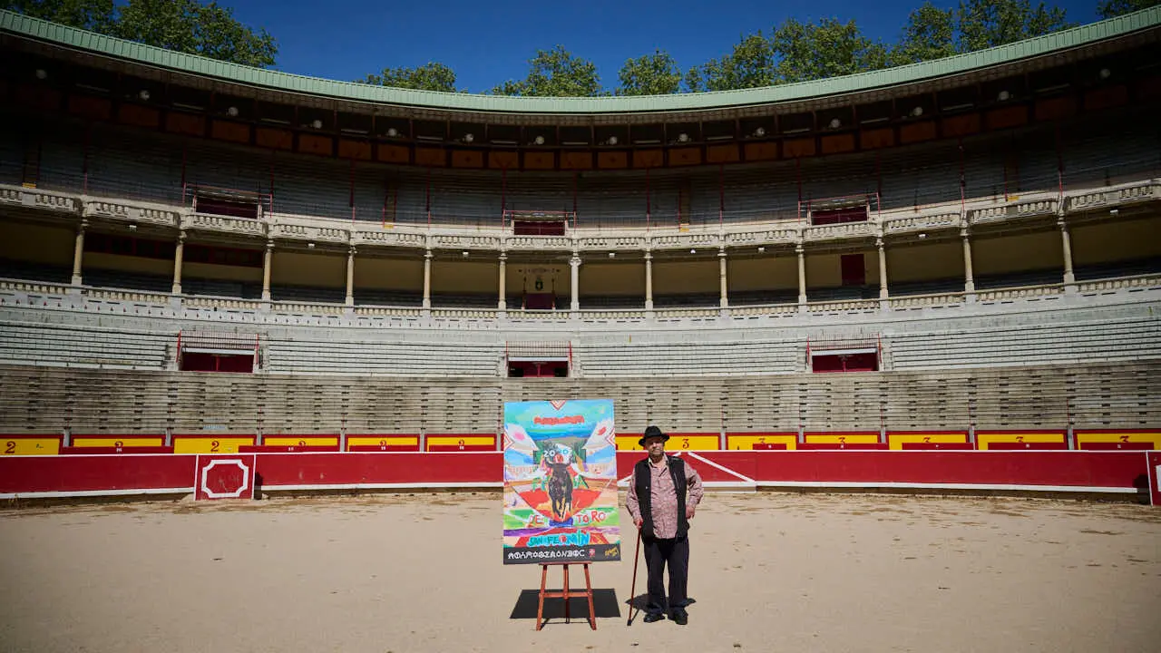 Una obra del pintor Carlos Franco anuncia la Feria del Toro de los Sanfermines de 2026. PABLO LASAOSA