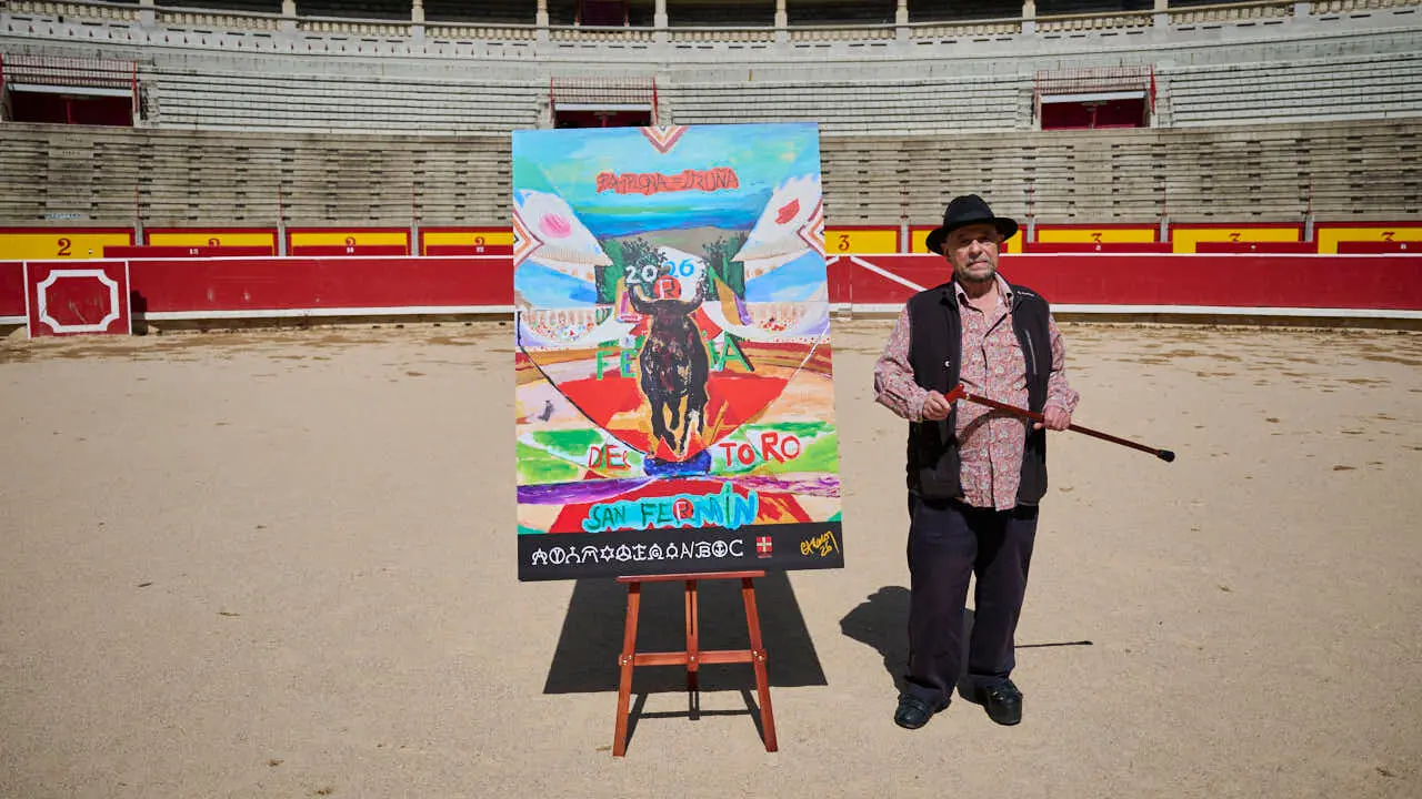 Una obra del pintor Carlos Franco anuncia la Feria del Toro de los Sanfermines de 2026. PABLO LASAOSA