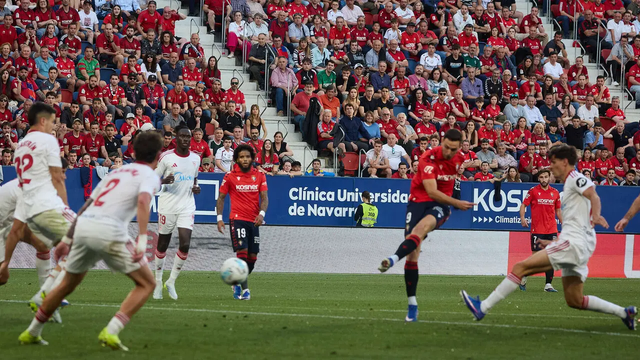 Los jugadores de Osasuna celebran el gol de Ra&uacute;l Garc&iacute;a (1-1) durante el partido de La Liga EA Sports entre CA Osasuna y Sevilla FC disputado en el estadio de El Sadar en Pamplona. I&Ntilde;IGO ALZUGARAY