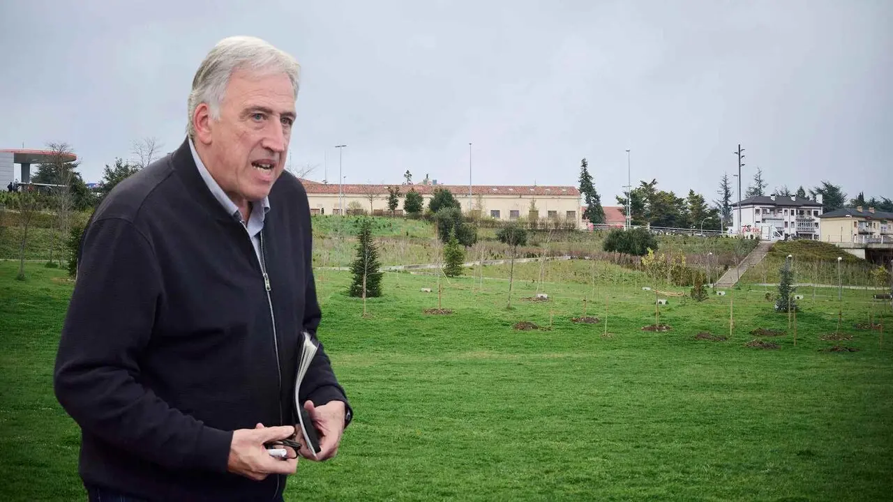 Fotomontaje con una imagen de Joseba Asiron sobre una vista del parque de Las Pioneras. NAVARRA.COM