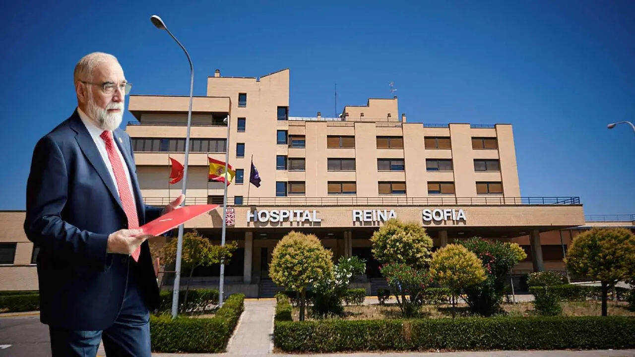 Fotomontaje con una imagen del consejero de Salud de Navarra, Fernando Dom&iacute;nguez, sobre una vista del Hospital Reina Sof&iacute;a de Tudela. NAVARRA.COM