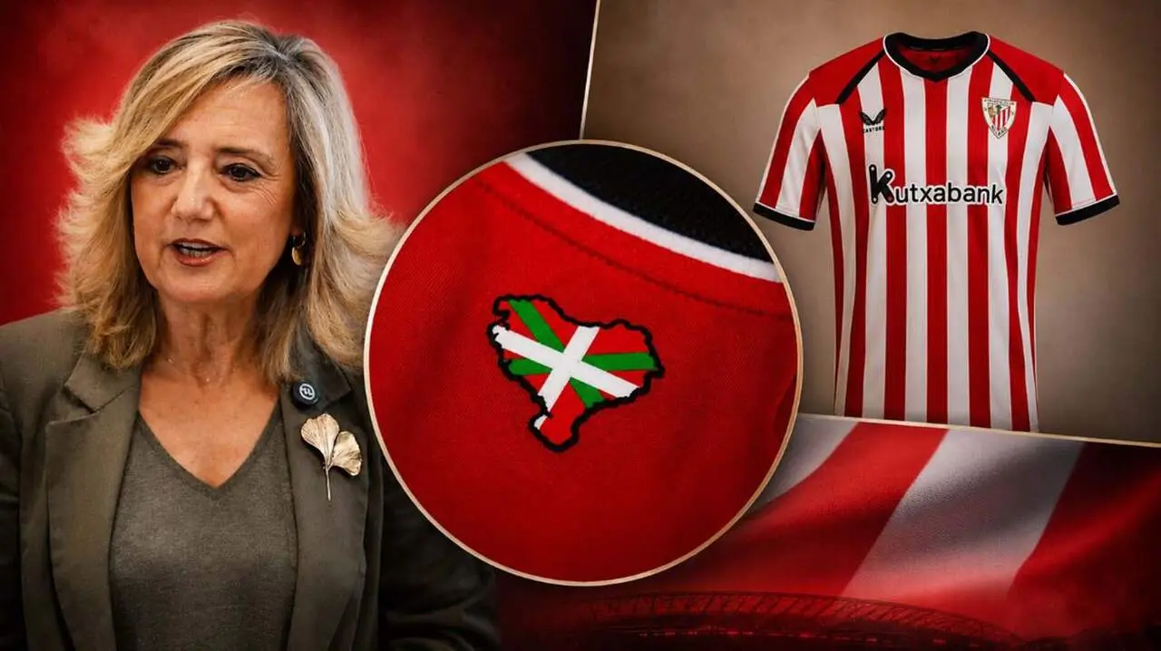 Cristina Ibarrola junto a la nueva camiseta del Athletic de Bilbao y el detalle del mapa con Navarra incluida.