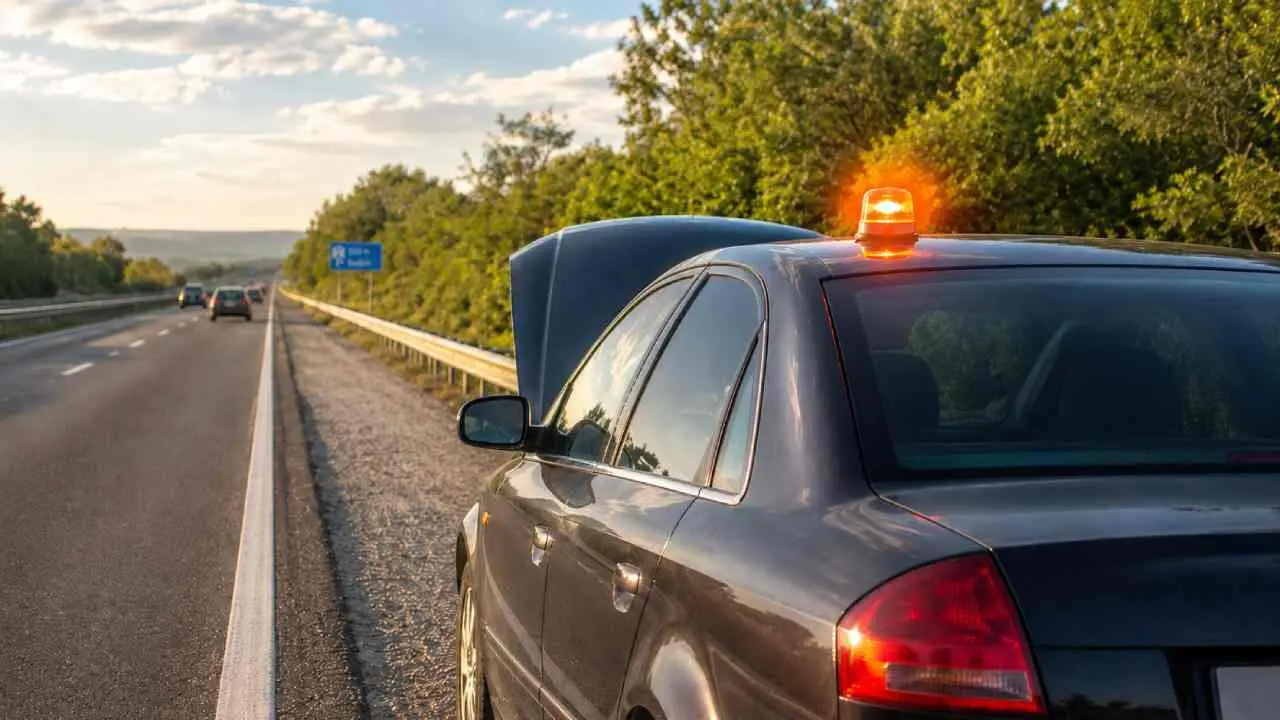 Un coche averiado en el arc&eacute;n de una carretera con la baliza V-16 encendida.