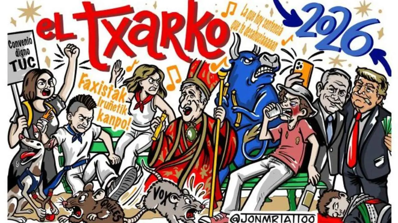 Pancarta de la pe&ntilde;a El Txarko  para los Sanfermines de 2026.