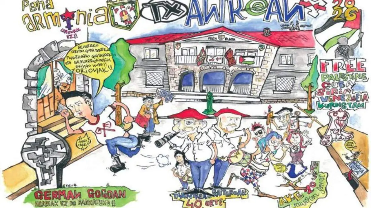 Pancarta de la pe&ntilde;a Armon&iacute;a Txantreana para los Sanfermines de 2026.