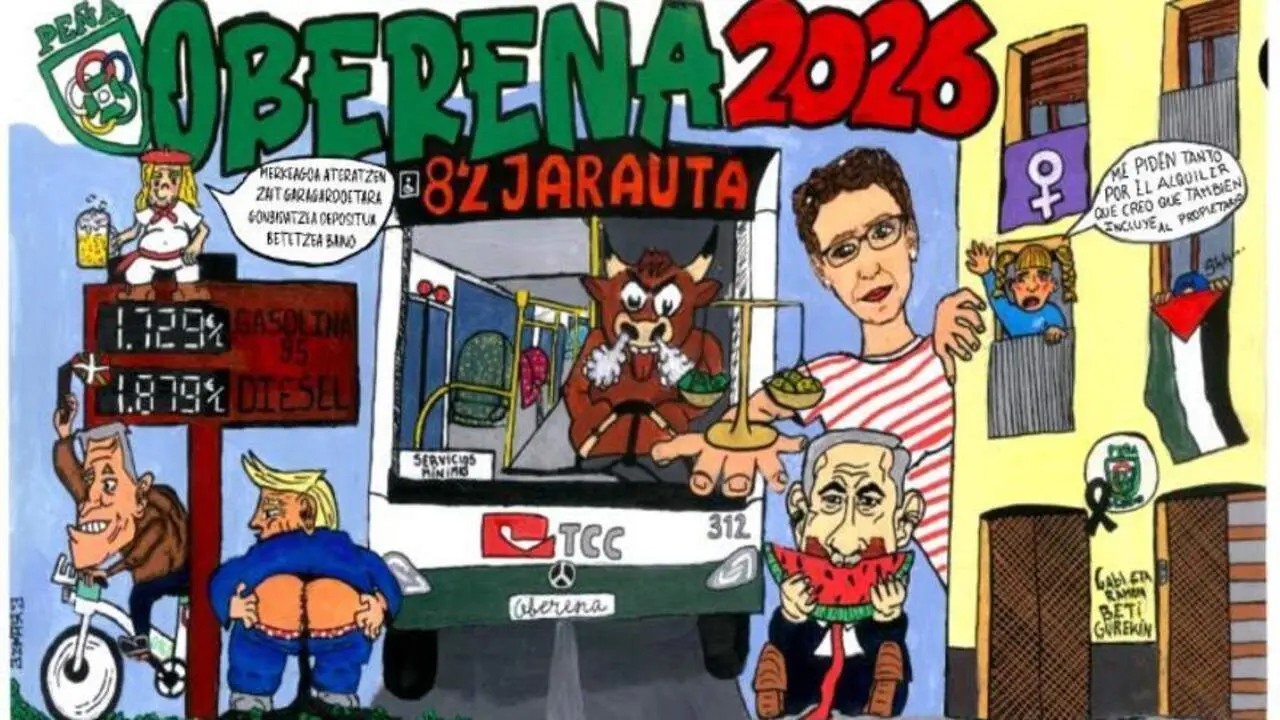 Pancarta de la pe&ntilde;a Oberena para los Sanfermines de 2026.