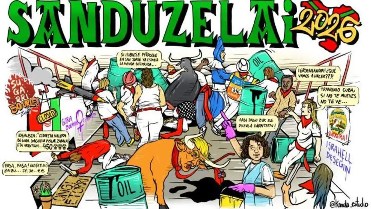 Pancarta de la pe&ntilde;a Sanduzelai para los Sanfermines de 2026.