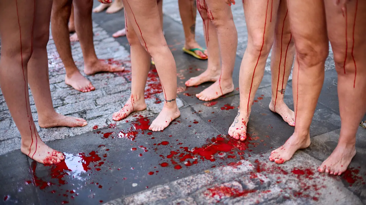 Concentraci&oacute;n de AnimaNaturalis y PETA para exigir el fin de las corridas de toros en v&iacute;speras de las fiestas de San Ferm&iacute;n 2026. I&Ntilde;IGO ALZUGARAY