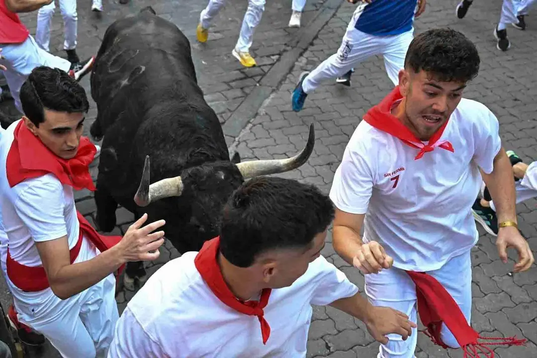 Varios  mozos perseguidos por uno de los toros de la ganader&iacute;a gaditana de Fuente Ymbro, durante el primer encierro de los Sanferimes 2026, este martes en Pamplona. EFE/Daniel Fern&aacute;ndez P&eacute;rez