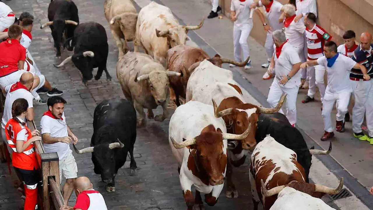 PAMPLONA, 07/07/2026.- Los toros de la ganader&iacute;a Fuente Ymbro recorren la Cuesta de Santo Domingo en el primer encierro de los Sanfermines 2026, este martes en Pamplona. EFE/Villar L&oacute;pez