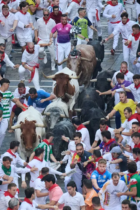 Segundo encierro de San Ferm&iacute;n 2026 con toros de Cebada Gago en Telef&oacute;nica. PABLO LASAOSA
