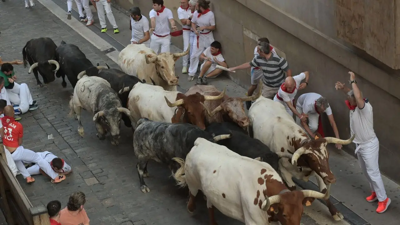 Segundo encierro de las fiestas de San Ferm&iacute;n 2026 con toros de la ganader&iacute;a gaditana de Cebada Gago. EFE