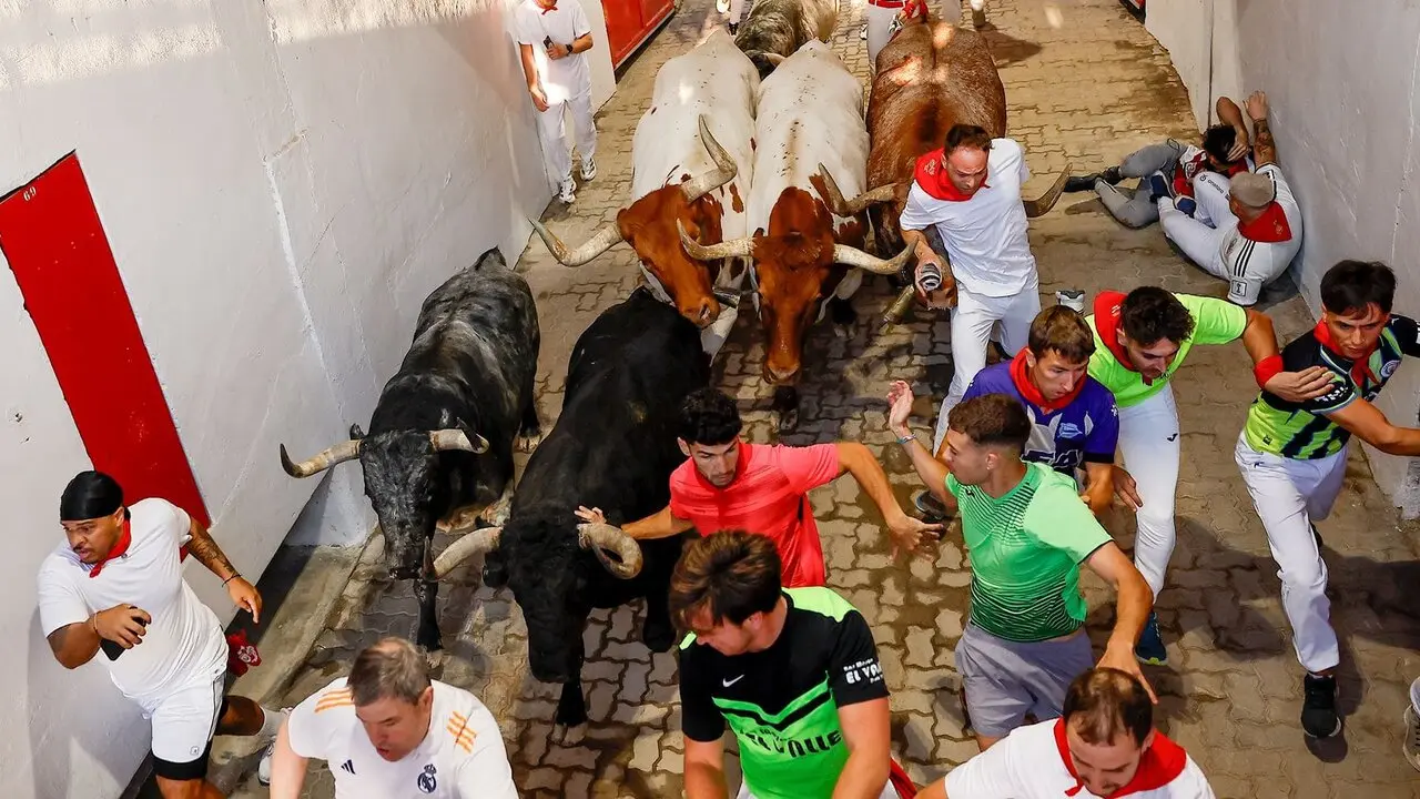 Segundo encierro de las fiestas de San Ferm&iacute;n 2026 con toros de la ganader&iacute;a gaditana de Cebada Gago. EFE
