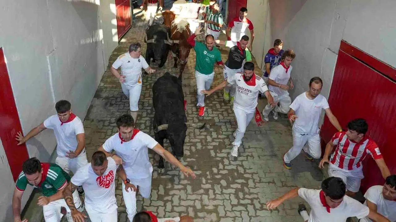 PAMPLONA, 09/07/2026.- Los toros de la ganader&iacute;a madrile&ntilde;a de Victoriano del R&iacute;o entran en el Callej&oacute;n en el tercer encierro de los Sanfermines 2026, este jueves en Pamplona. EFE/Ainhoa Tejerina
