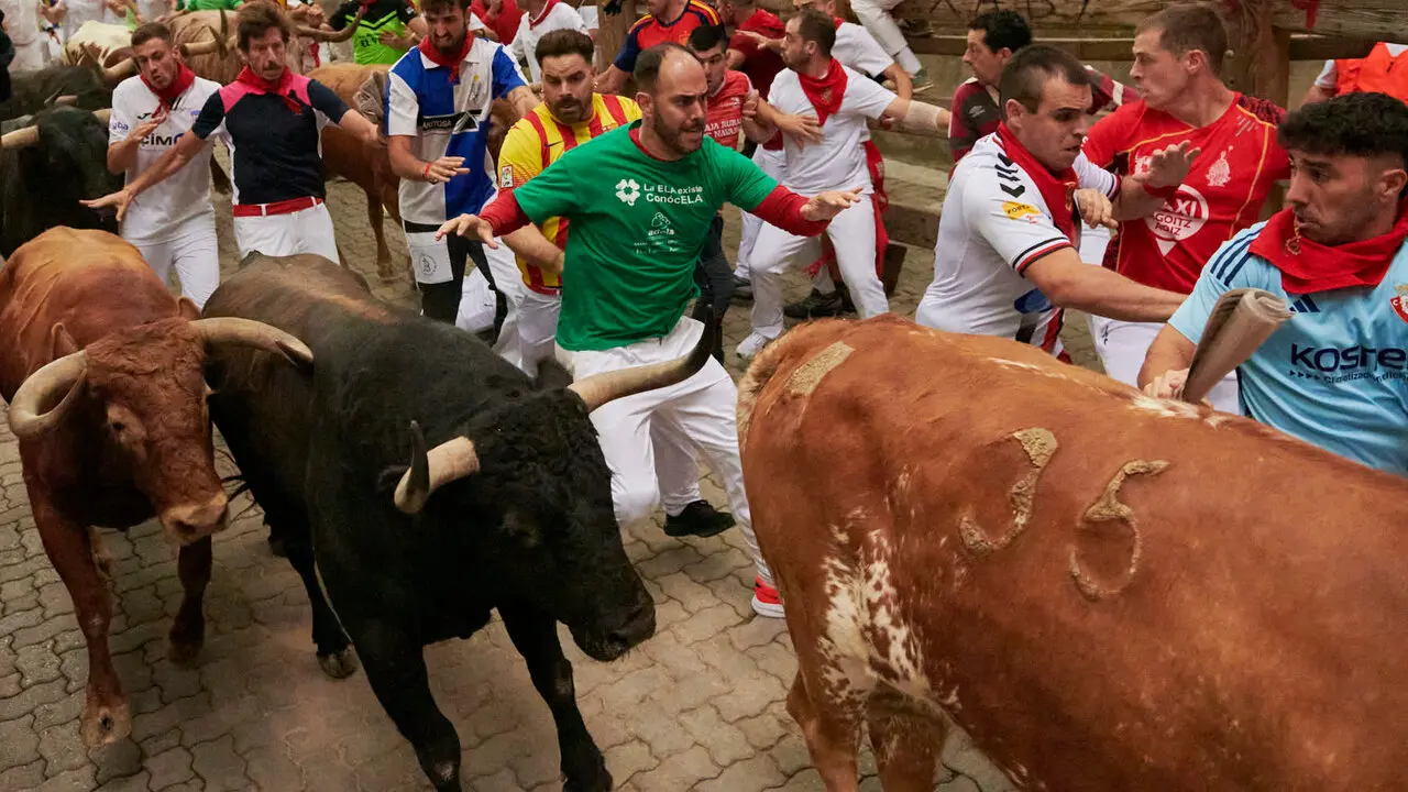 Cuarto encierro de San Ferm&iacute;n 2026 desde la bajada al callej&oacute;n con toros de &Aacute;lvaro N&uacute;&ntilde;ez. IRANZU LARRASOA&Ntilde;A