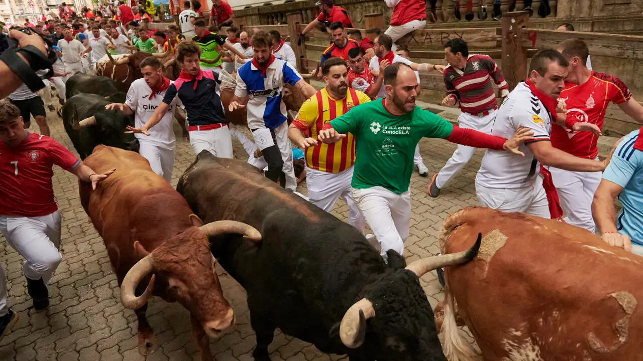Cuarto encierro de San Ferm&iacute;n 2026 desde la bajada al callej&oacute;n con toros de &Aacute;lvaro N&uacute;&ntilde;ez. IRANZU LARRASOA&Ntilde;A